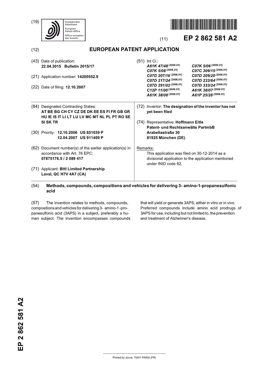 Methods, Compounds, Compositions and Vehicles for Delivering 3-Amino-1-Propanesulfonic Acid