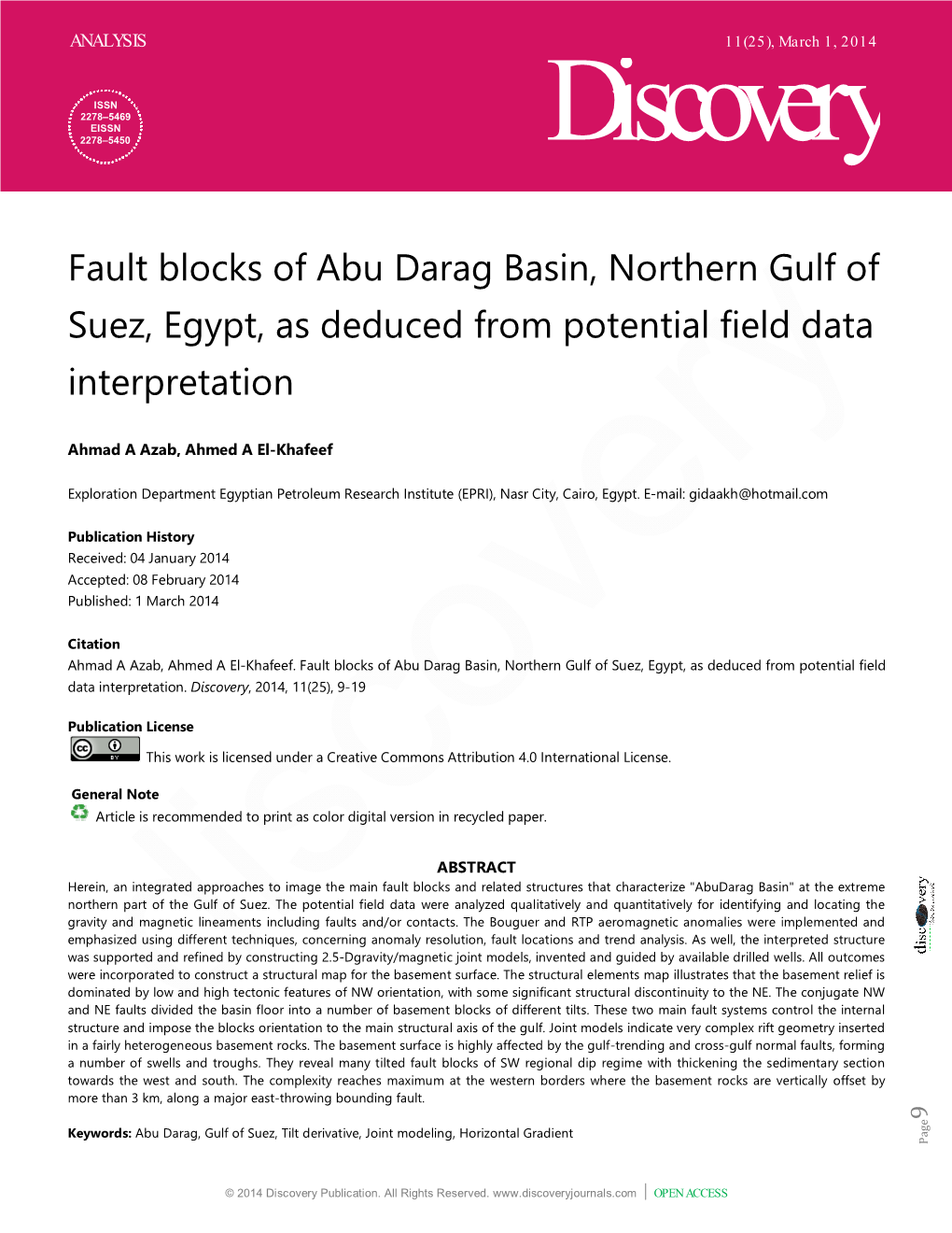 Fault Blocks of Abu Darag Basin, Northern Gulf of Suez, Egypt, As Deduced from Potential Field Data Interpretation