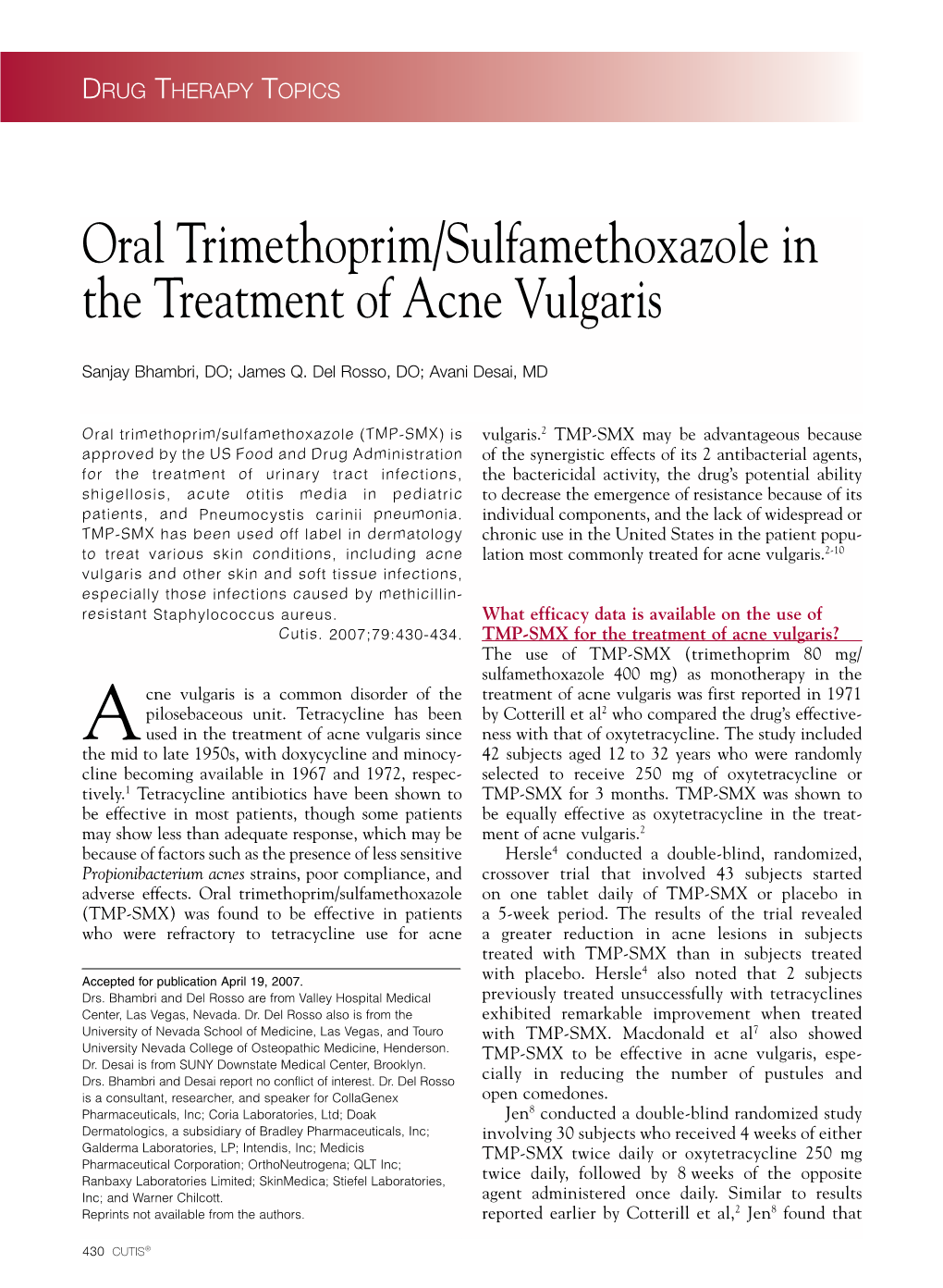 Oral Trimethoprim/Sulfamethoxazole in the Treatment of Acne Vulgaris