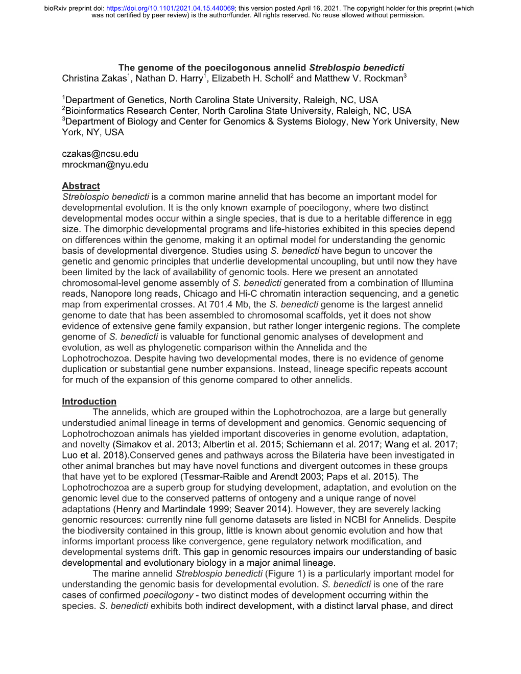 The Genome of the Poecilogonous Annelid Streblospio Benedicti Christina Zakas1, Nathan D