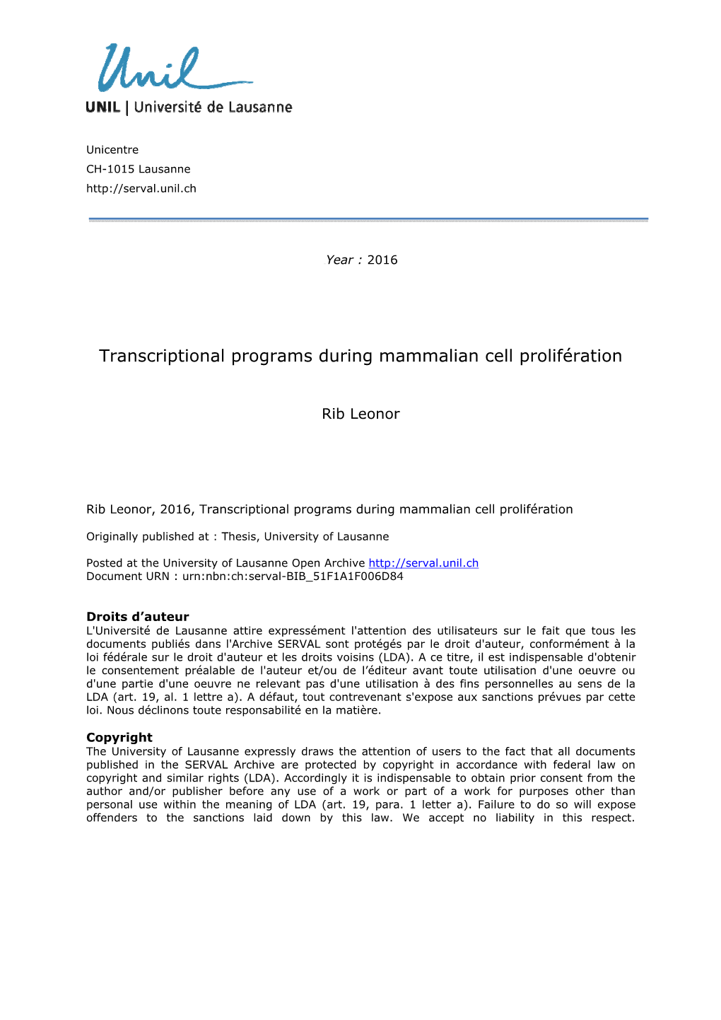 Transcriptional Programs During Mammalian Cell Prolifération