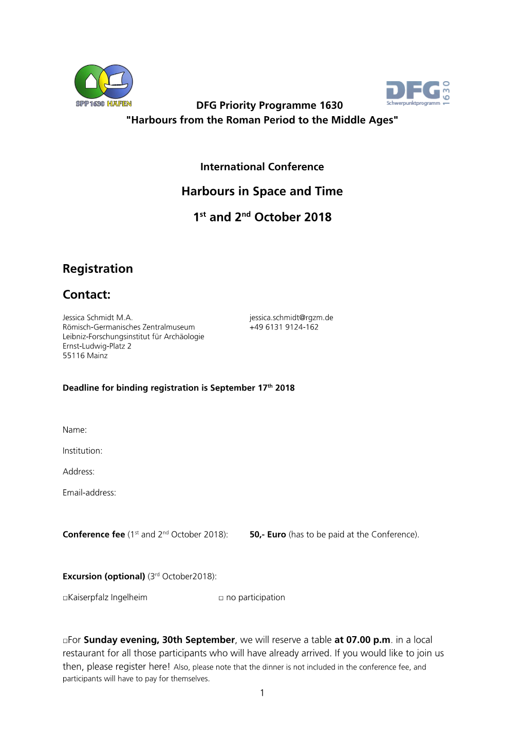 Harbours in Space and Time 1St and 2Nd October 2018 Registration Contact