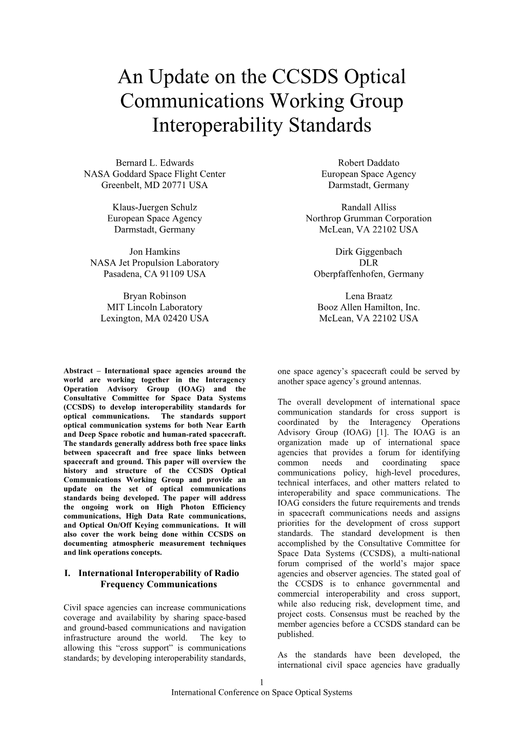 An Update on the CCSDS Optical Communications Working Group Interoperability Standards