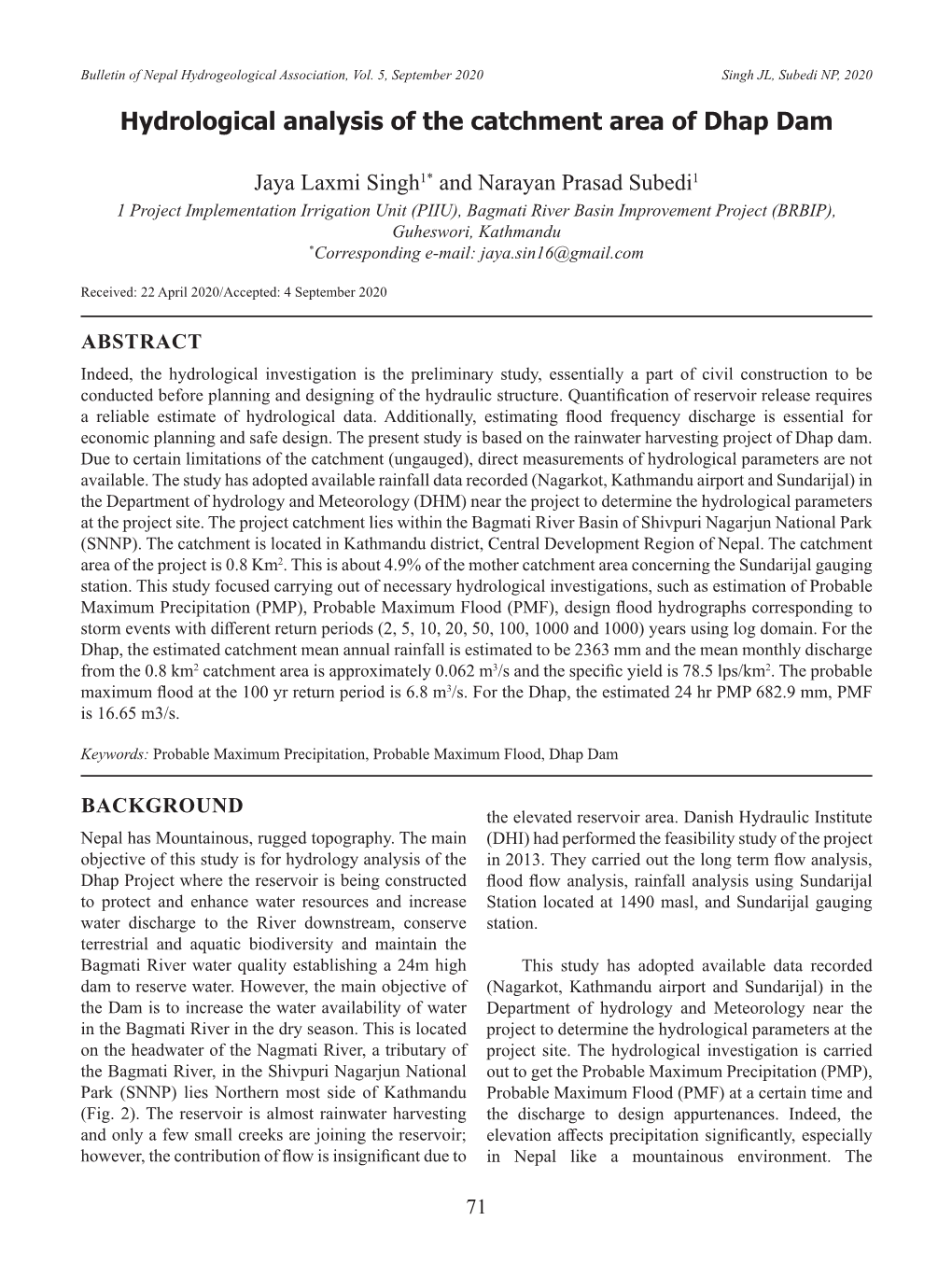 Hydrological Analysis of the Catchment Area of Dhap Dam