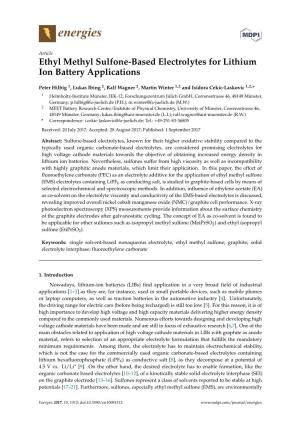 Ethyl Methyl Sulfone-Based Electrolytes for Lithium Ion Battery Applications