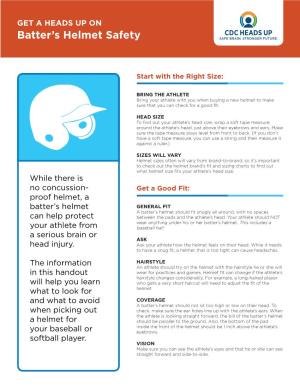 Baseball Batter's Helmet Fact Sheet