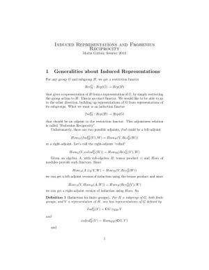 Induced Representations and Frobenius Reciprocity 1