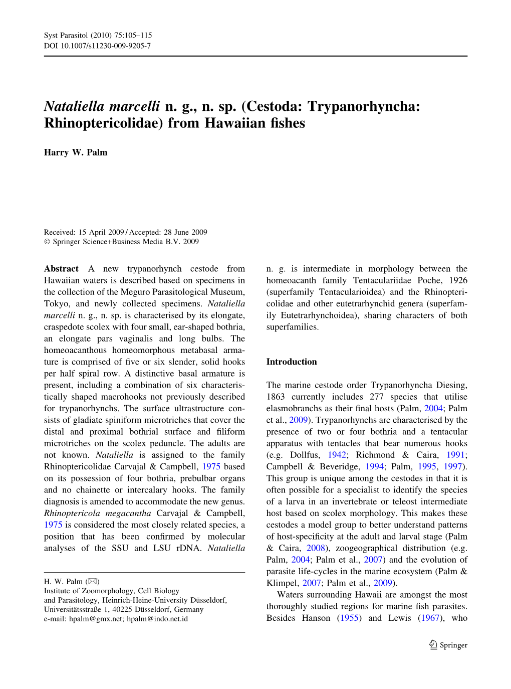 Cestoda: Trypanorhyncha: Rhinoptericolidae) from Hawaiian ﬁshes