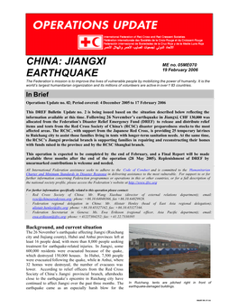 China: Jiangxi Earthquake; ME No
