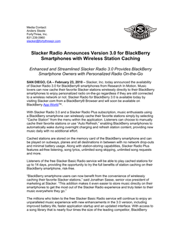 Slacker Radio Announces Version 3.0 for Blackberry Smartphones with Wireless Station Caching