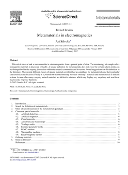 Metamaterials in Electromagnetics Ari Sihvola ∗ Electromagnetics Laboratory, Helsinki University of Technology, P.O