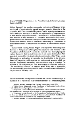 Crispin WRIGHT: Wittgenstein on the Foundations of Mathematics, London: Duckworth 1980