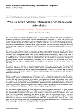 Who Is a South African? Interrogating Africanness and Afro-Phobia Written by Vineet Thakur