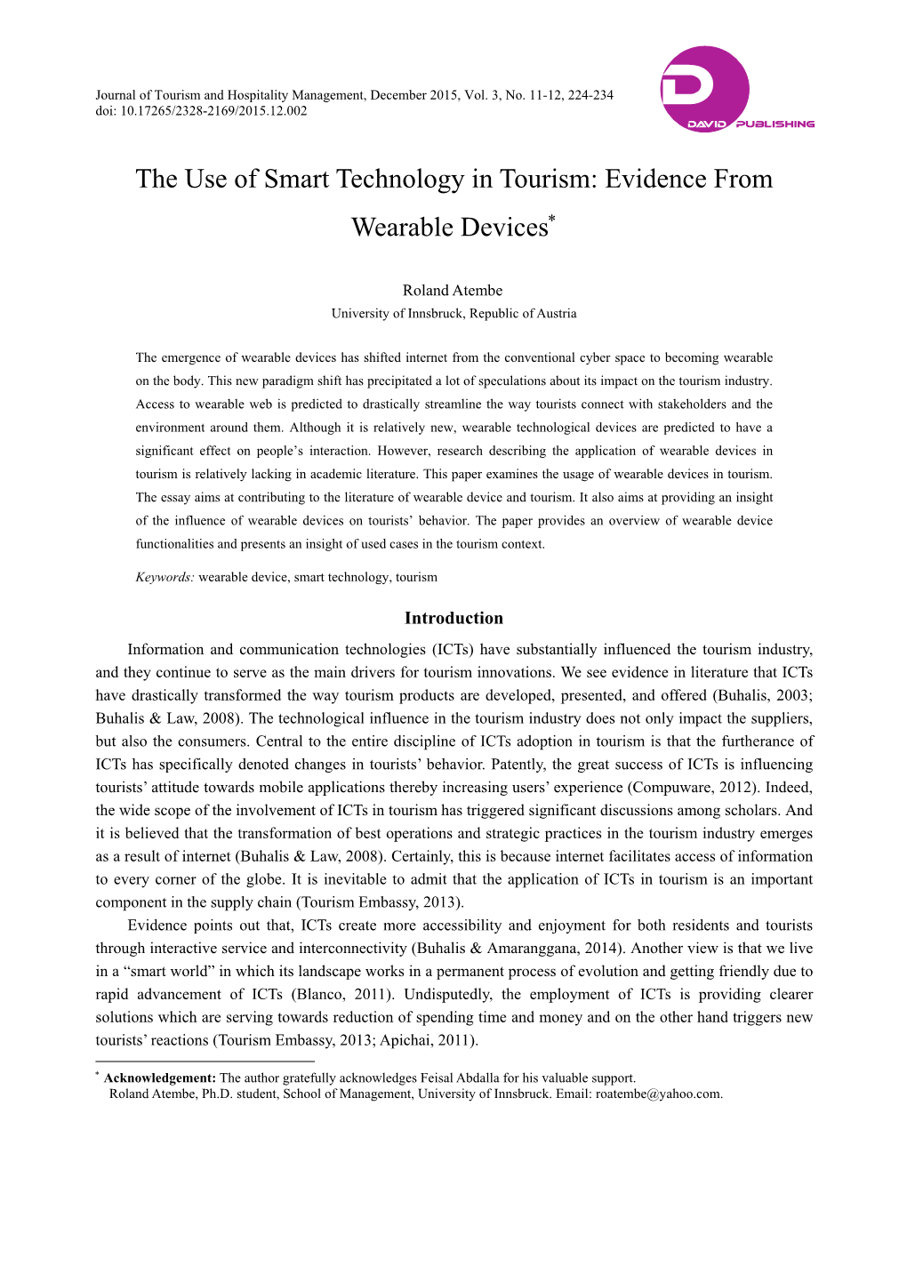 The Use of Smart Technology in Tourism: Evidence from Wearable Devices∗