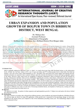 Urban Expansion and Population Growth of Bolpur Town in Birbhum District, West Bengal