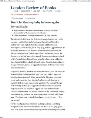 LRB · Steven Shapin: Don't Let That Crybaby in Here Again