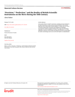 “Precision,” “Perfection,” and the Reality of British Scientific Instruments on the Move During the 18Th Century Alexi Baker