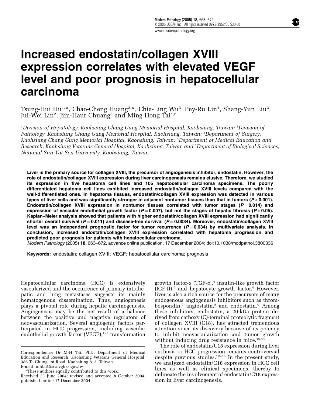 Increased Endostatin/Collagen XVIII Expression Correlates with Elevated VEGF Level and Poor Prognosis in Hepatocellular Carcinoma