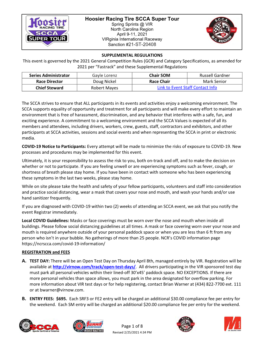 Hoosier Racing Tire SCCA Super Tour Spring Sprints @ VIR North Carolina Region April 9-11, 2021 Virginia International Raceway Sanction #21-ST-20408