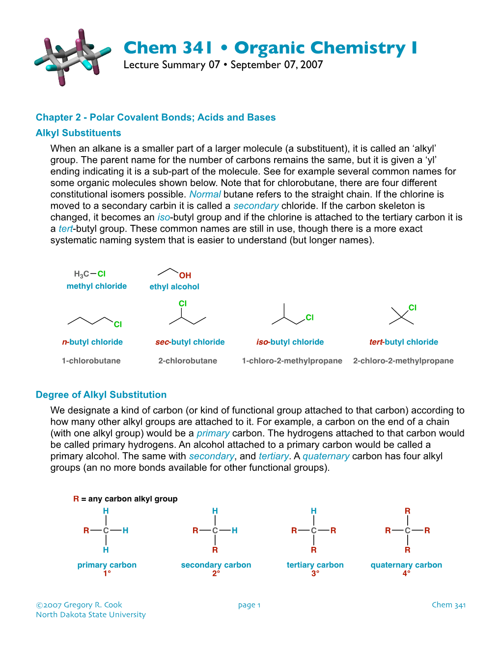 Chem 341 • Organic Chemistry I Lecture Summary 07 • September 07, 2007