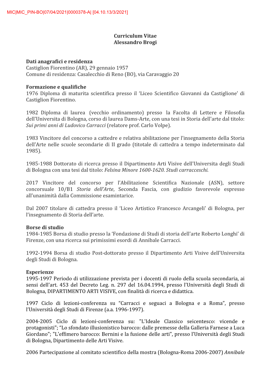 Curriculum Vitae Alessandro Brogi Dati Anagrafici E Residenza