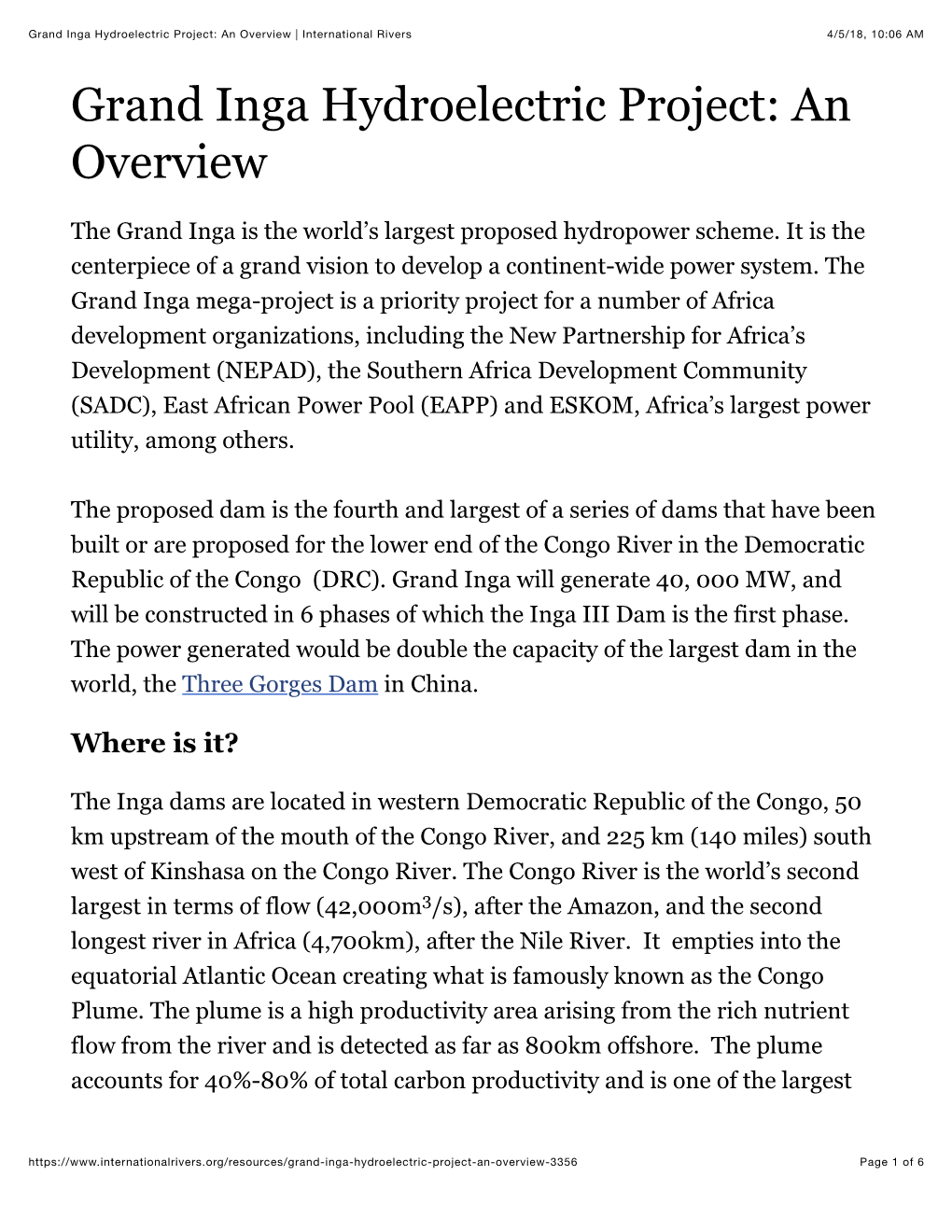 Grand Inga Hydroelectric Project: an Overview | International Rivers 4/5/18, 10:06 AM Grand Inga Hydroelectric Project: an Overview