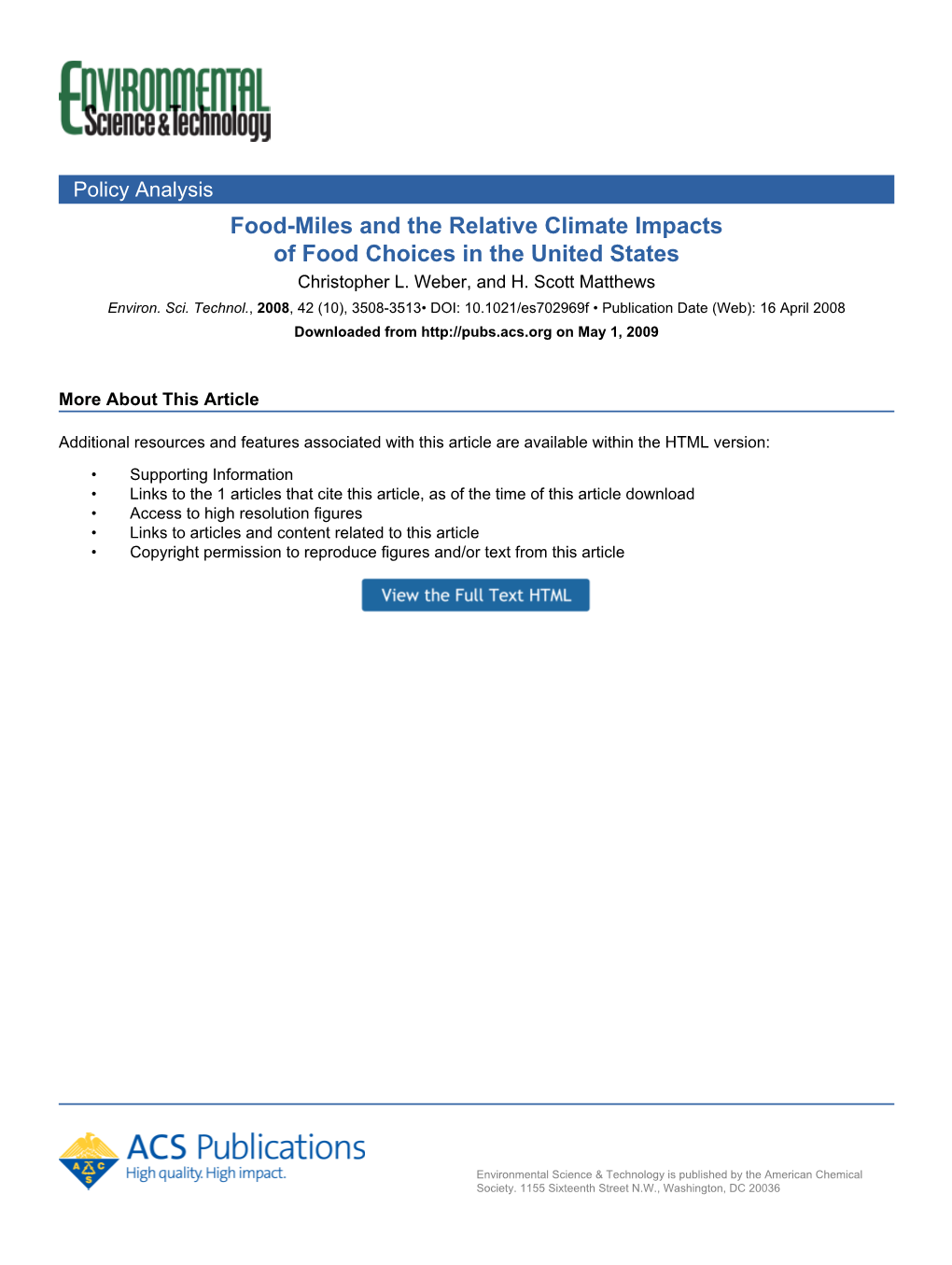 Food-Miles and the Relative Climate Impacts of Food Choices in the United States Christopher L