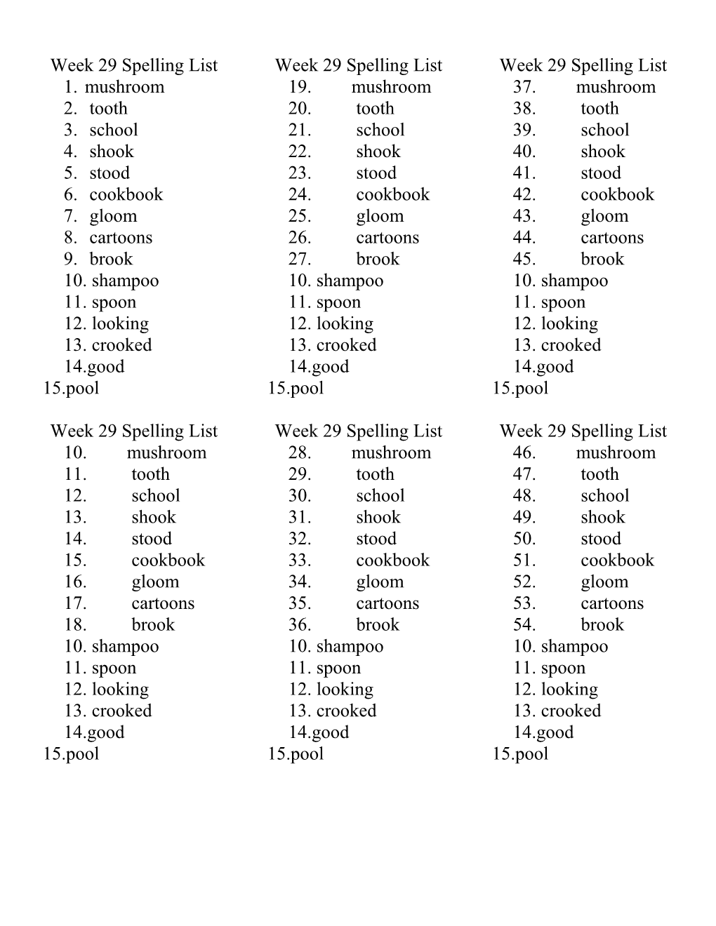 Week 29 Spelling List