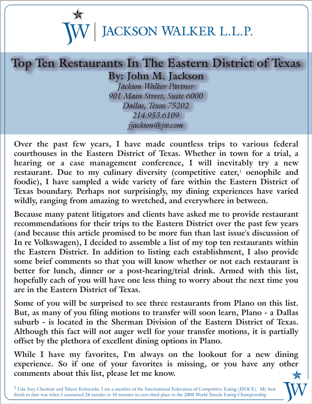 Top Ten Restaurants in the Eastern District of Texas By: John M