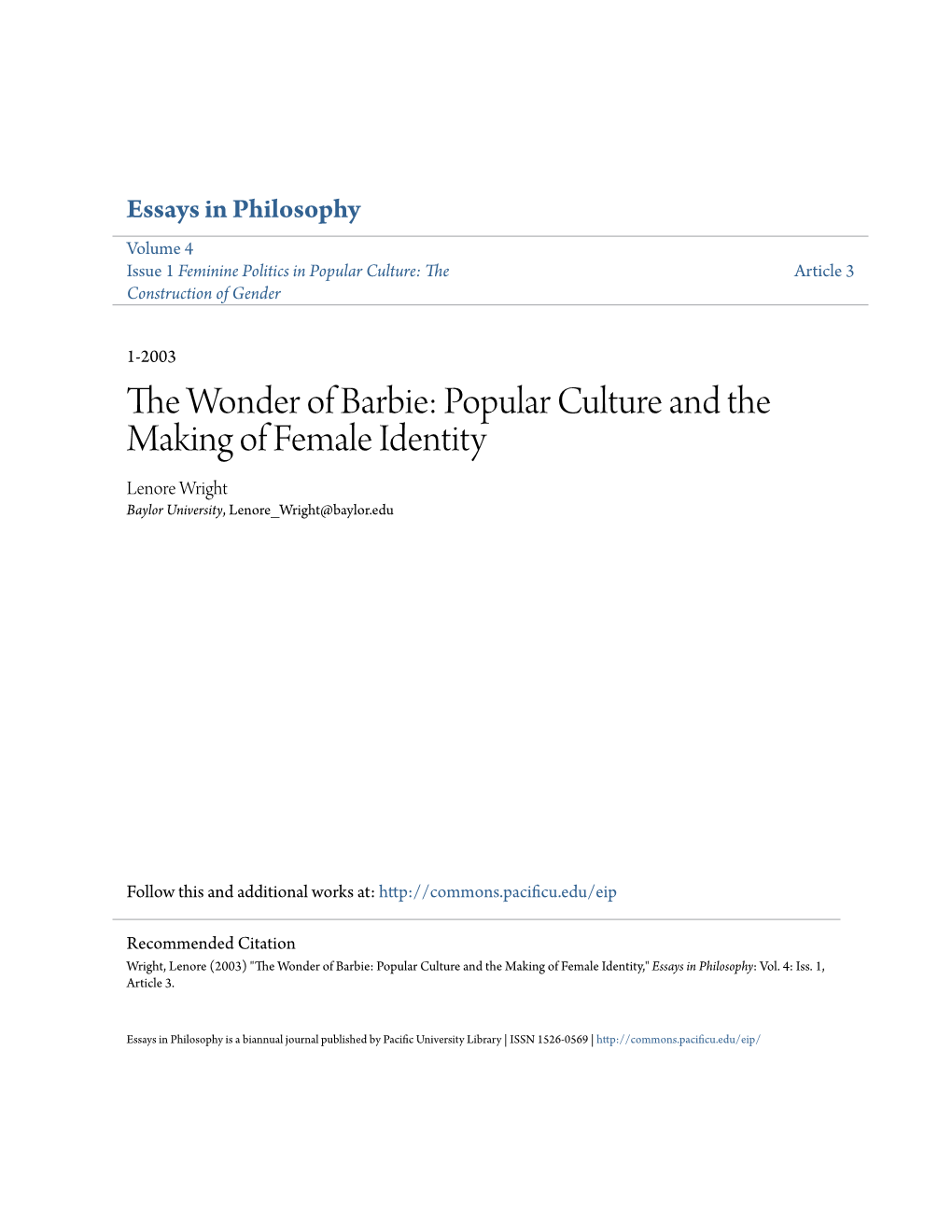 The Wonder of Barbie: Popular Culture and the Making of Female Identity