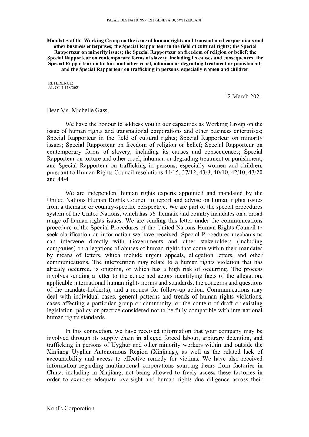 Kohl's Corporation 12 March 2021 Dear Ms. Michelle Gass, We Have the Honour to Address You in Our Capacities As Working Group On