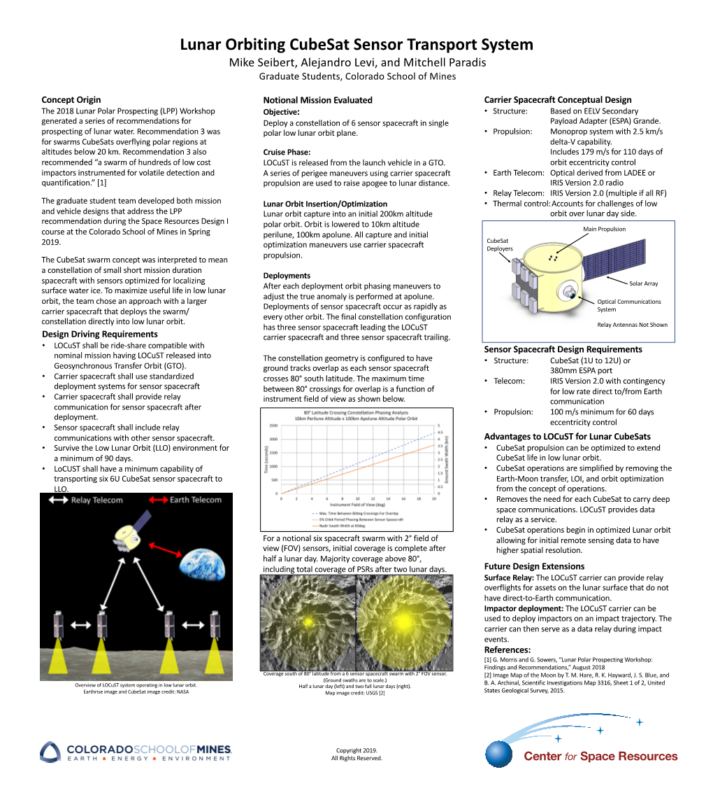 Lunar Orbiting Cubesat Sensor Transport System Mike Seibert, Alejandro Levi, and Mitchell Paradis Graduate Students, Colorado School of Mines