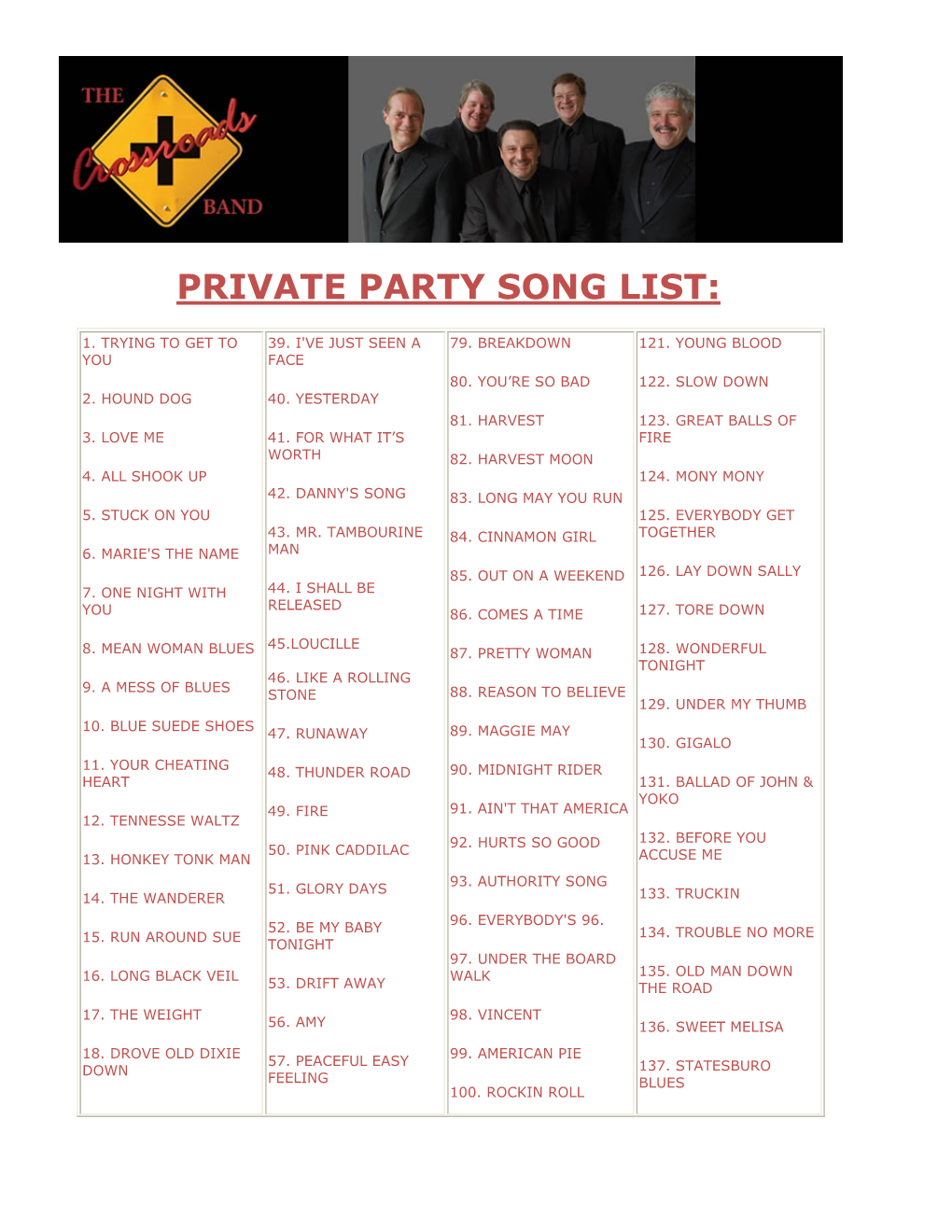 Private Party Song List