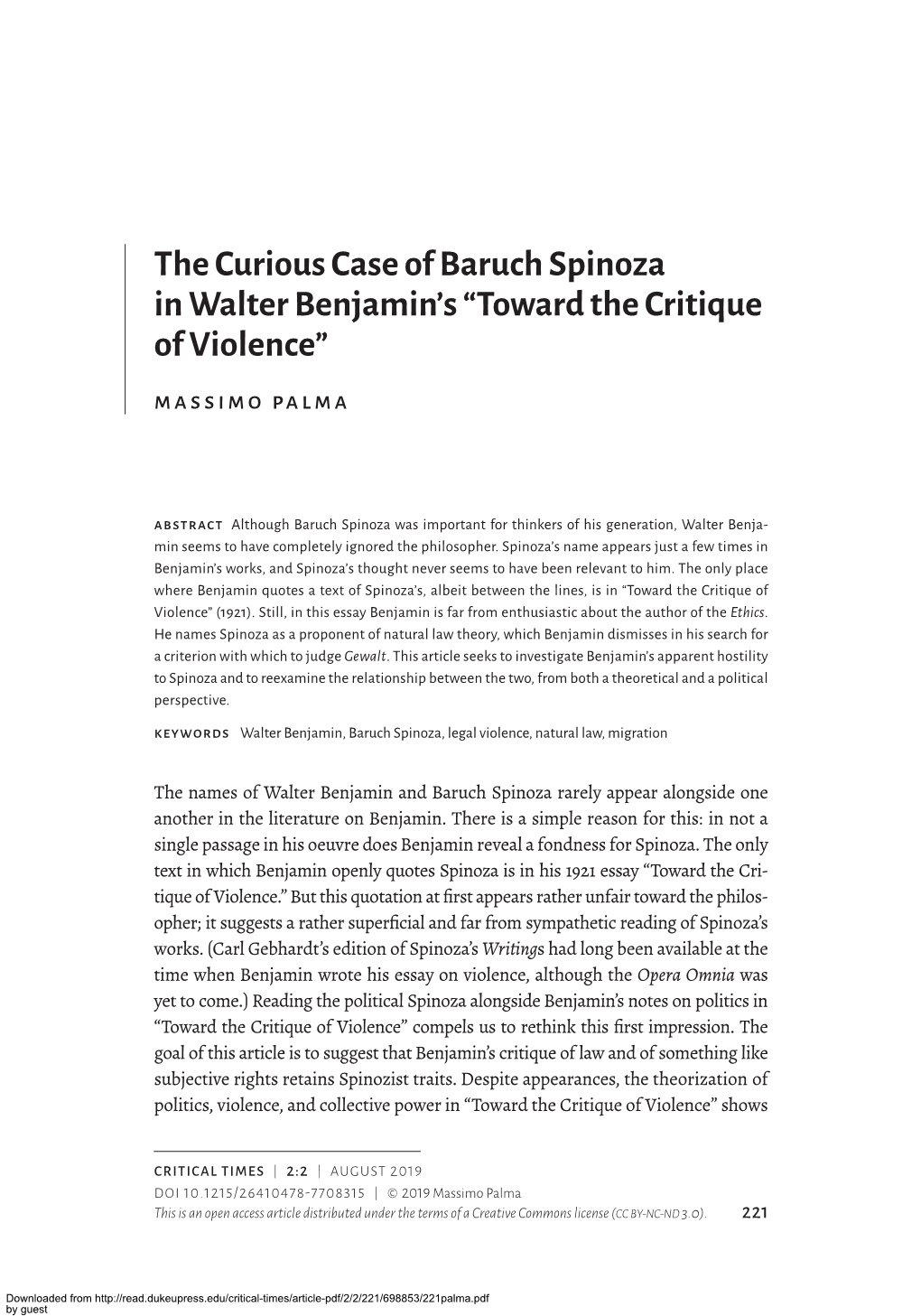 The Curious Case of Baruch Spinoza in Walter Ben­Ja­Min’S “Toward the Critique of Violence”