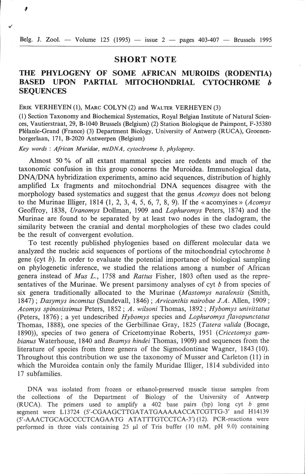 SHORT NOTE the PHYLOGENY of SOME AFRICAN MUROIDS (RODENTIA) BASED UPON PARTIAL MITOCHONDRIAL CYTOCHROME B SEQUENCES