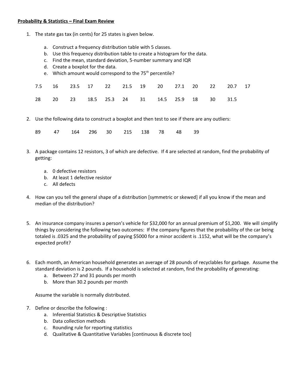 Probability & Statistics Final Exam Open Ended Review