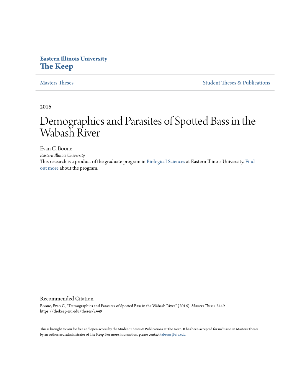 Demographics and Parasites of Spotted Bass in the Wabash River Evan C