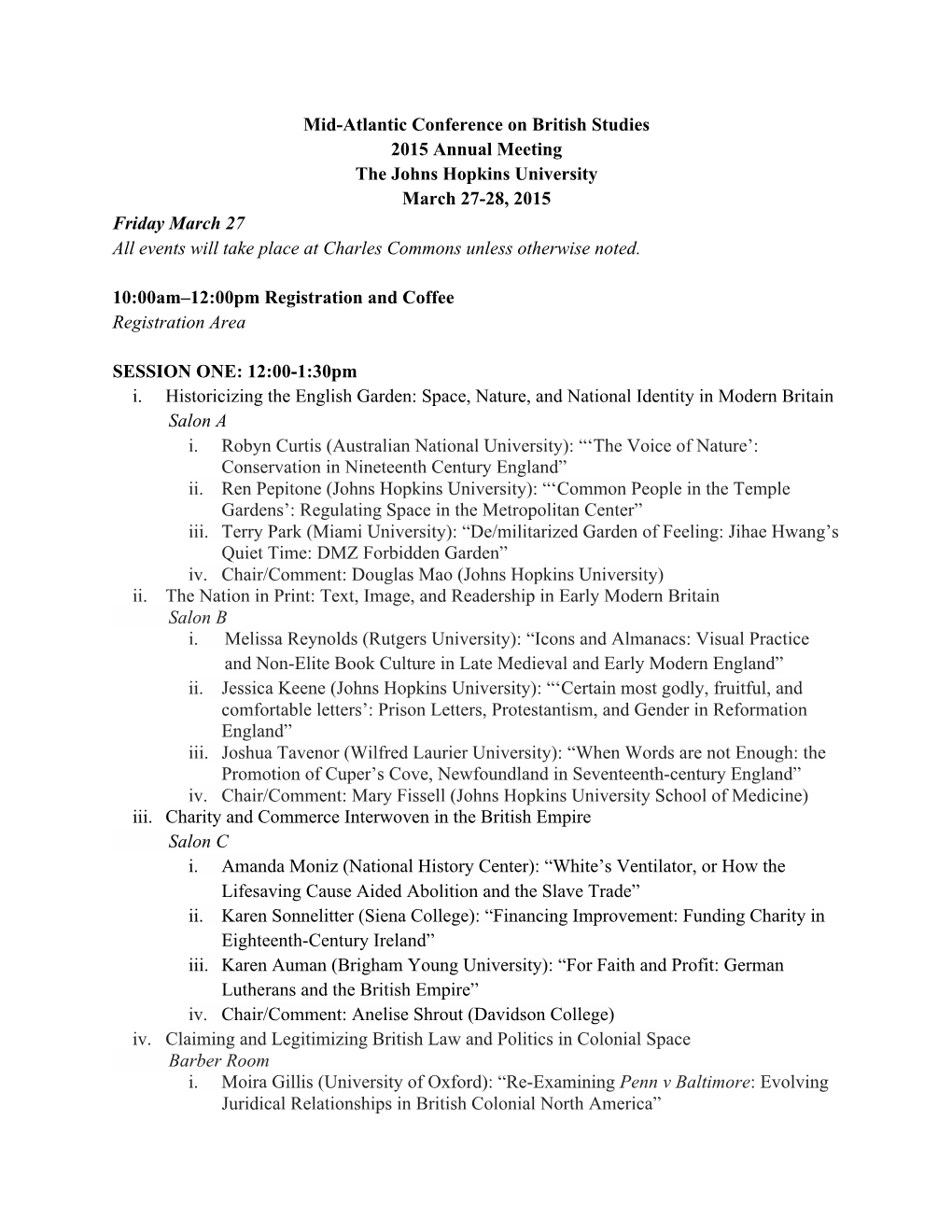 Mid-Atlantic Conference on British Studies 2015 Annual Meeting The