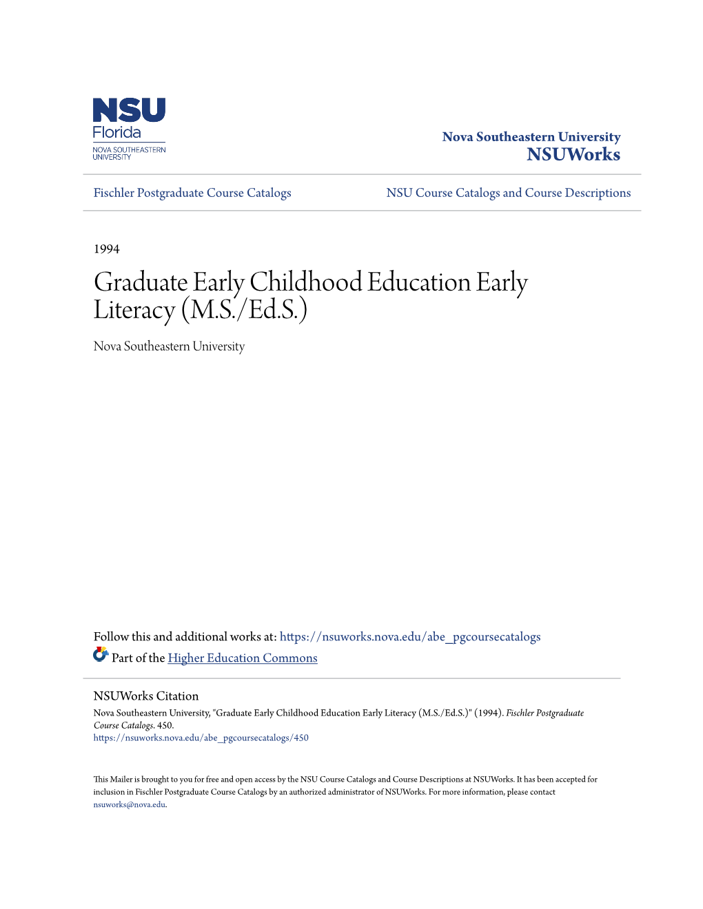 Graduate Early Childhood Education Early Literacy (M.S./Ed.S.) Nova Southeastern University