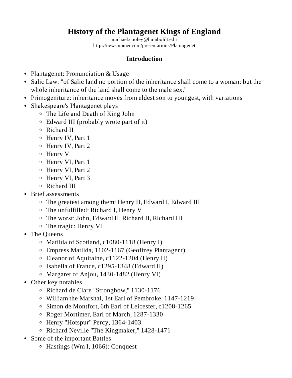 History of the Plantagenet Kings of England Michael.Cooley@Humboldt.Edu