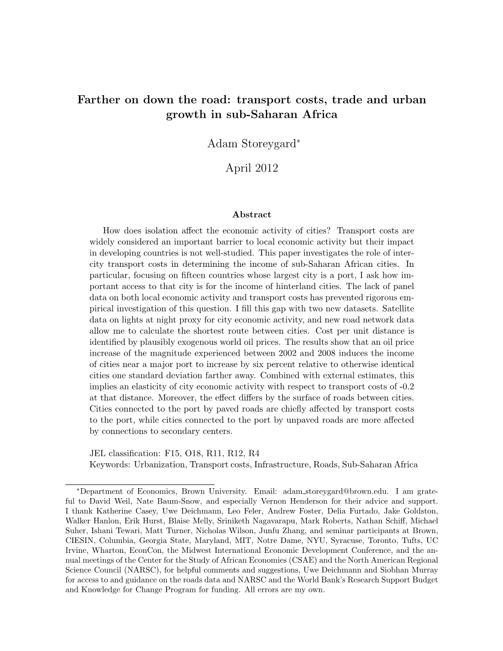 Farther on Down the Road: Transport Costs, Trade and Urban Growth in Sub-Saharan Africa