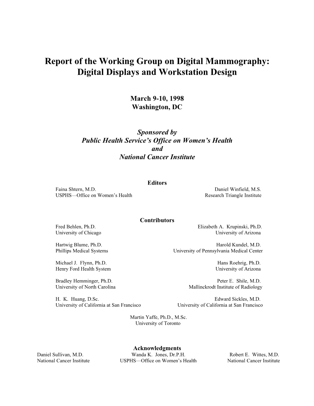 Report of the Working Group on Digital Mammography: Digital Displays and Workstation Design