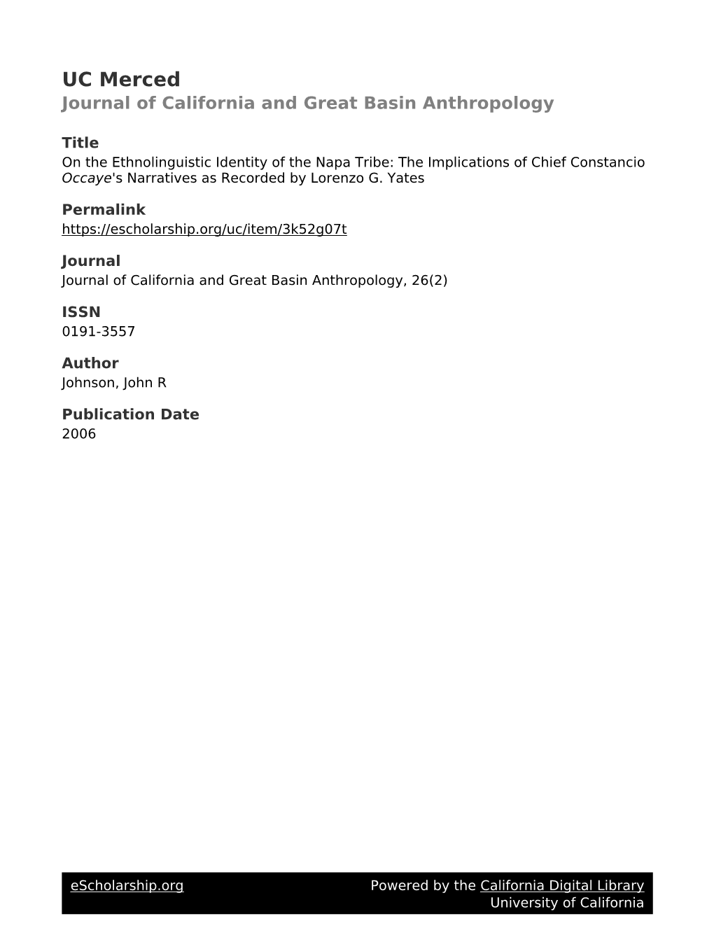 On the Ethnolinguistic Identity of the Napa Tribe: the Implications of Chief Constancio Occaye's Narratives As Recorded by Lorenzo G