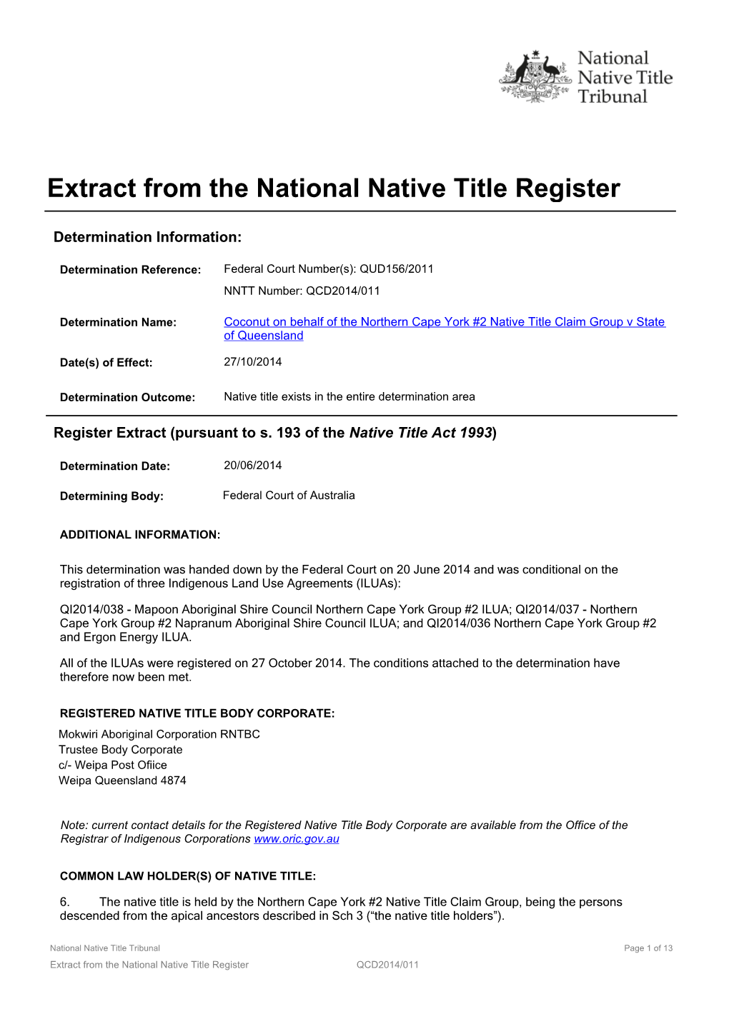 Extract from the National Native Title Register