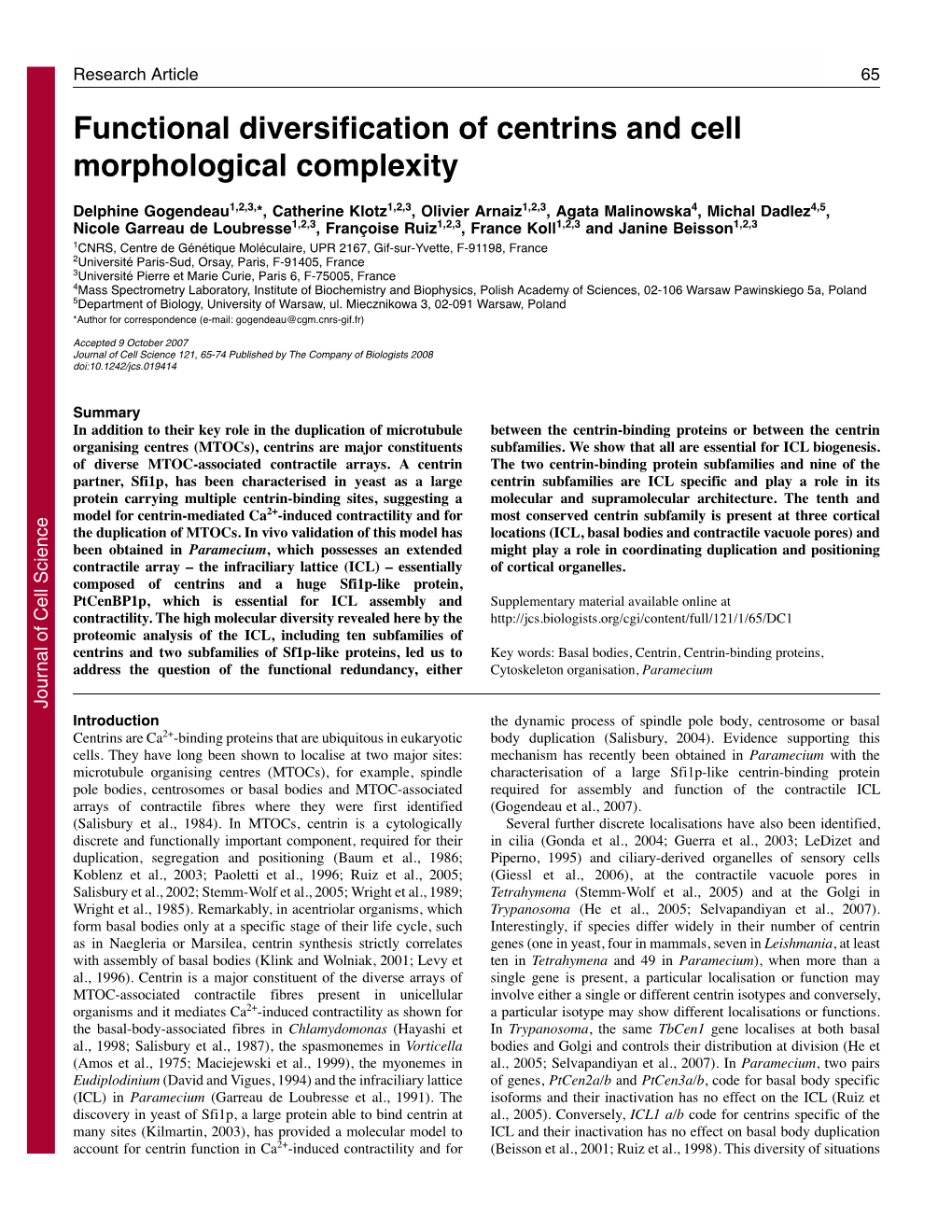 Functional Diversification of Centrins and Cell Morphological Complexity