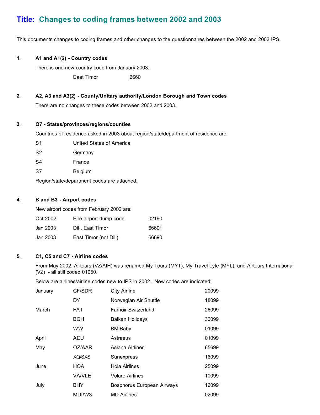 Title: Changes to Coding Frames Between 2002 and 2003