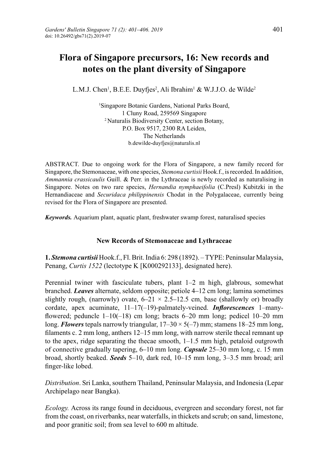 New Records and Notes on the Plant Diversity of Singapore