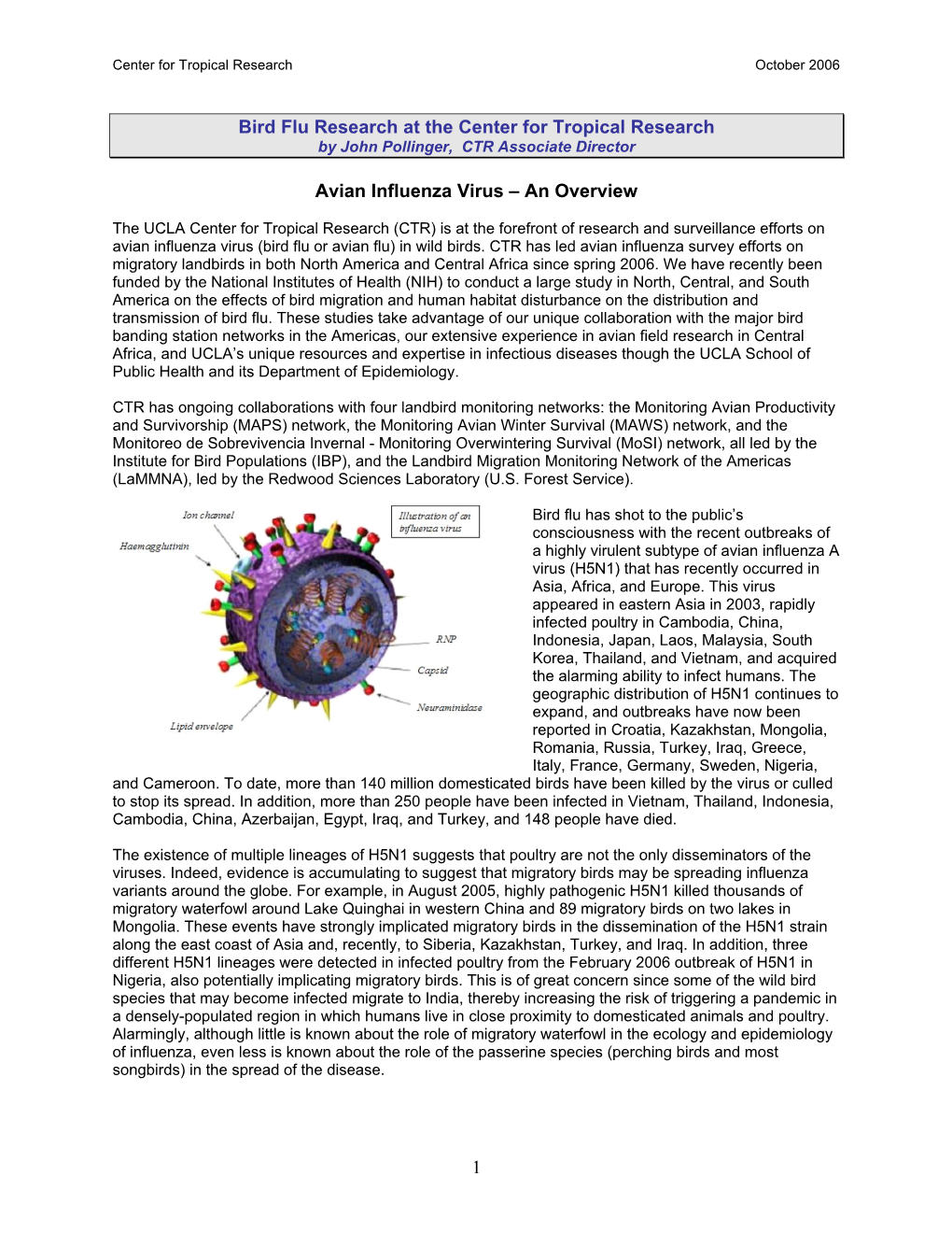 Bird Flu Research at the Center for Tropical Research by John Pollinger, CTR Associate Director