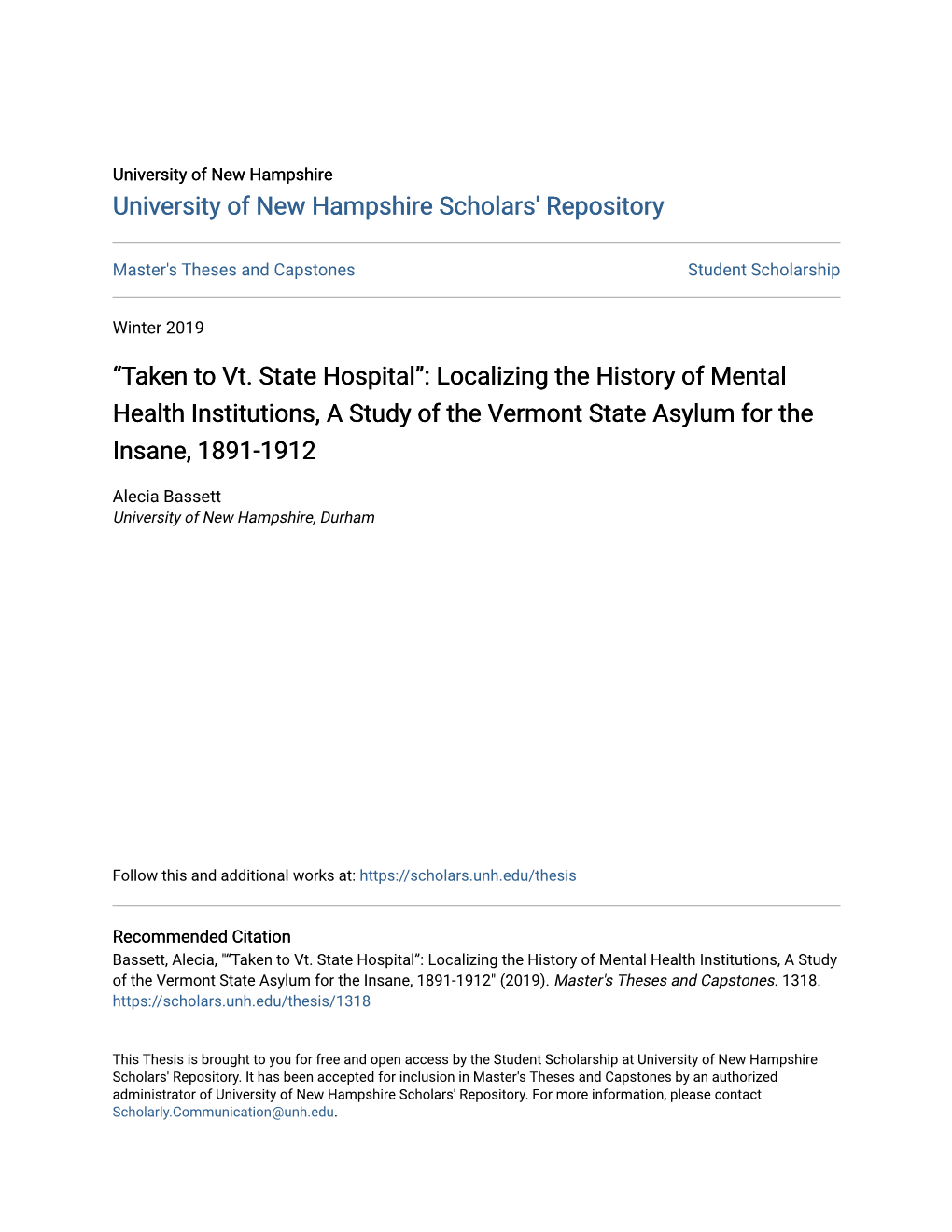 Localizing the History of Mental Health Institutions, a Study of the Vermont State Asylum for the Insane, 1891-1912