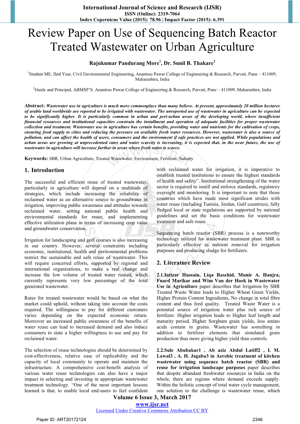 Review Paper on Use of Sequencing Batch Reactor Treated Wastewater on Urban Agriculture